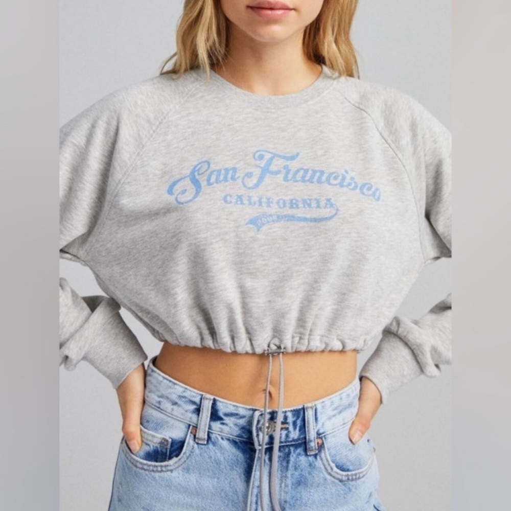 Bershka Gray cropped San Francisco long sleeve sweatshirt. Size Medium Large EUC - Picture 1 of 7
